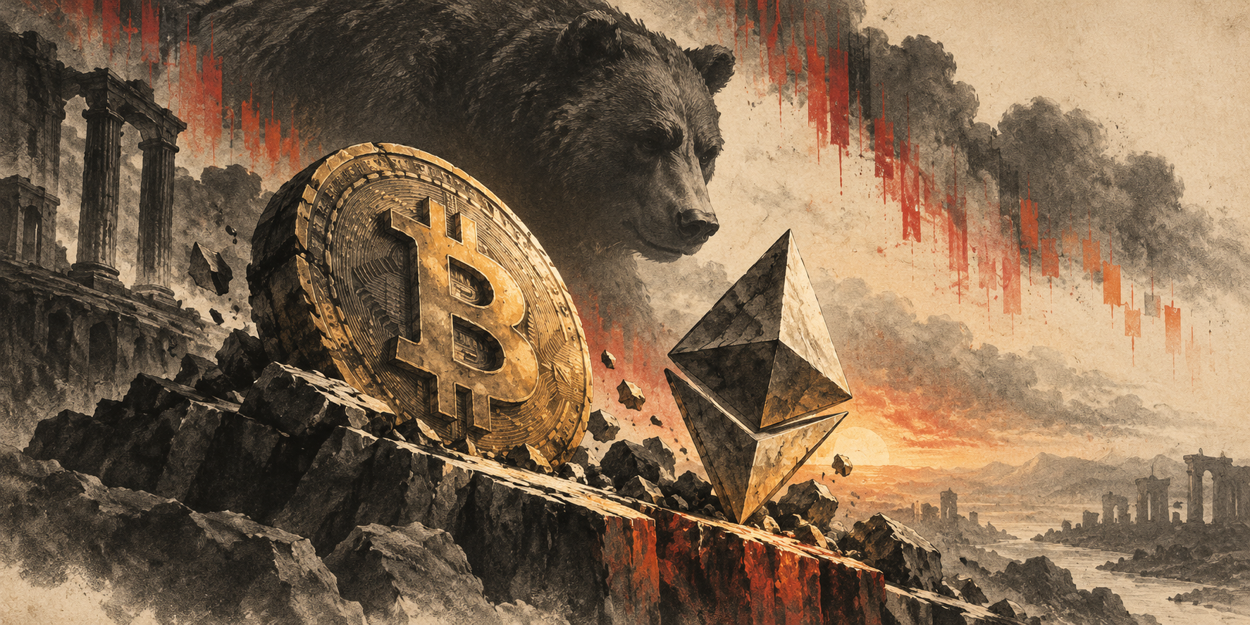 رسم تحريري لبيتكوين وإيثريوم تحت ضغط الاتجاه الهابط