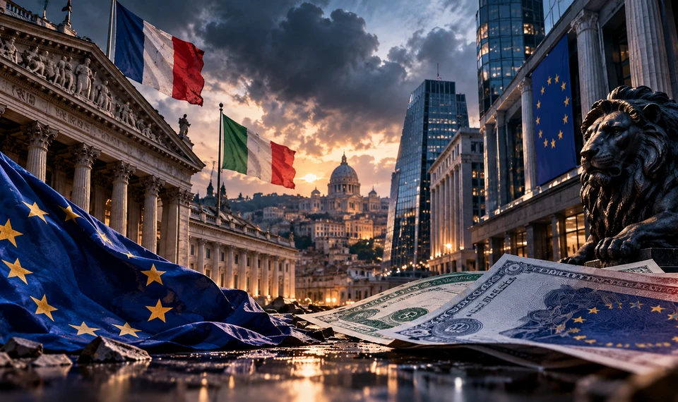 European financial markets under pressure as French and Italian political unrest raises sovereign bond risks and weighs on banking stocks.