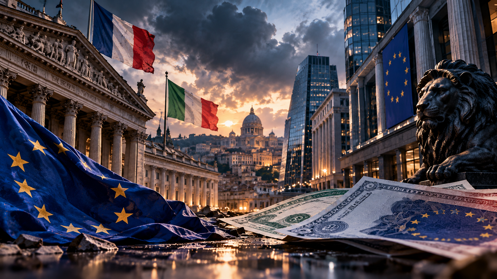 الأسواق المالية الأوروبية تحت الضغط مع تصاعد الاضطرابات السياسية في فرنسا وإيطاليا وارتفاع مخاطر السندات السيادية وتراجع أسهم البنوك.