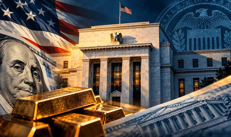 Federal Reserve building with gold and US dollar financial elements following the October 2026 interest rate decision.