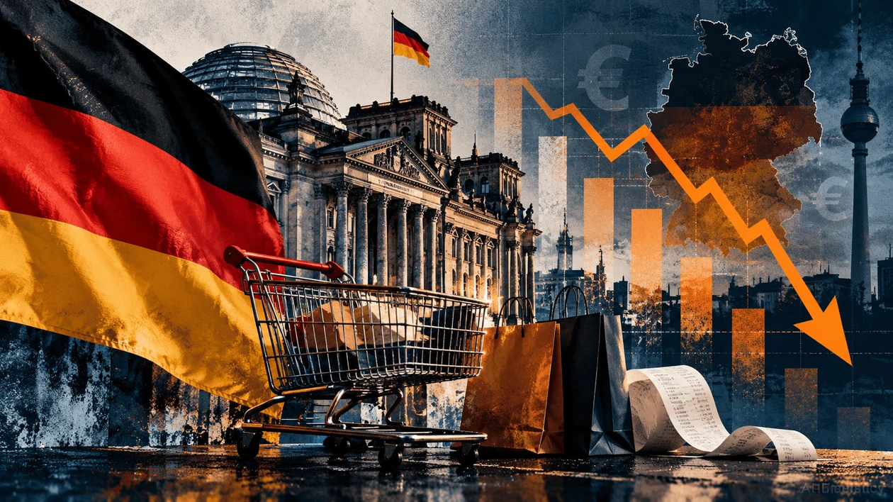 Editorial illustration of Germany's weakening consumer confidence, featuring the German flag, a shopping cart, Berlin landmarks and a symbolic downward economic arrow.