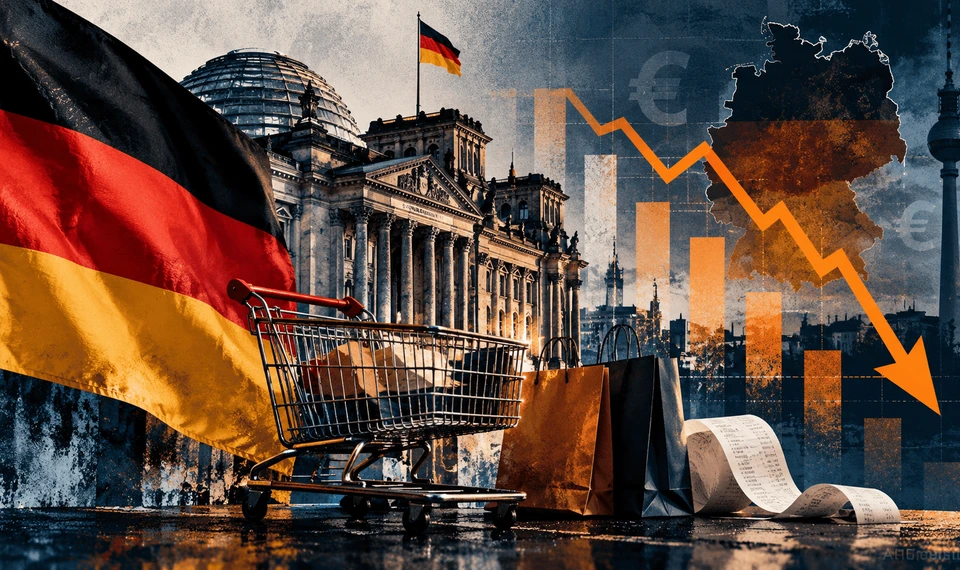تصميم تحريري يعكس تراجع ثقة المستهلك الألماني، يجمع العلم الألماني وعربة التسوق ومعالم برلين مع سهم رمزي يشير إلى ضعف النشاط الاستهلاكي.