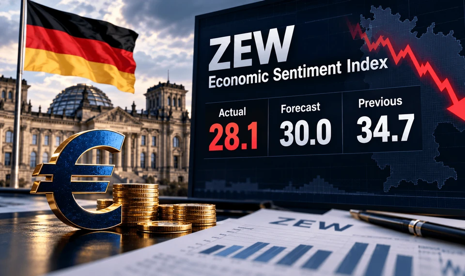 Germany's ZEW Economic Sentiment Index falls to 28.1 in October 2026, below the 30.0 forecast, with German and euro financial imagery.