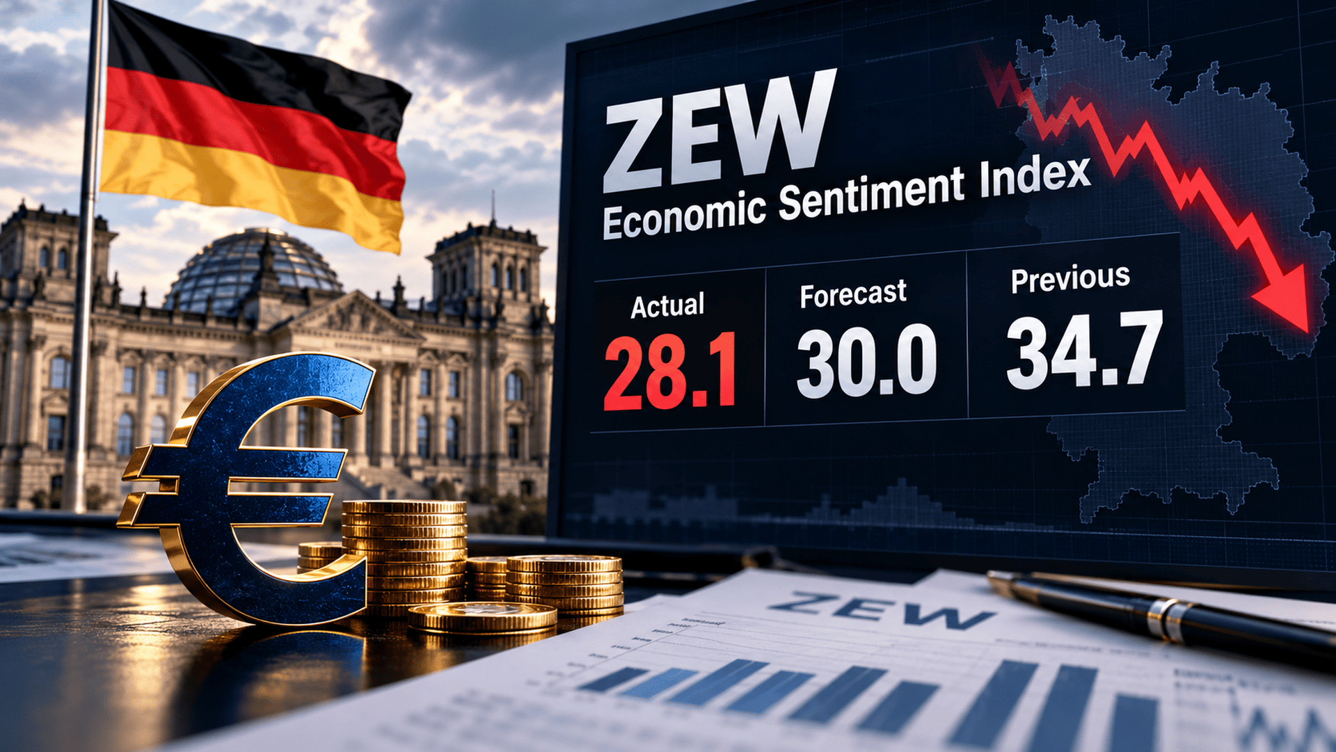 Germany's ZEW Economic Sentiment Index falls to 28.1 in October 2026, below the 30.0 forecast, with German and euro financial imagery.