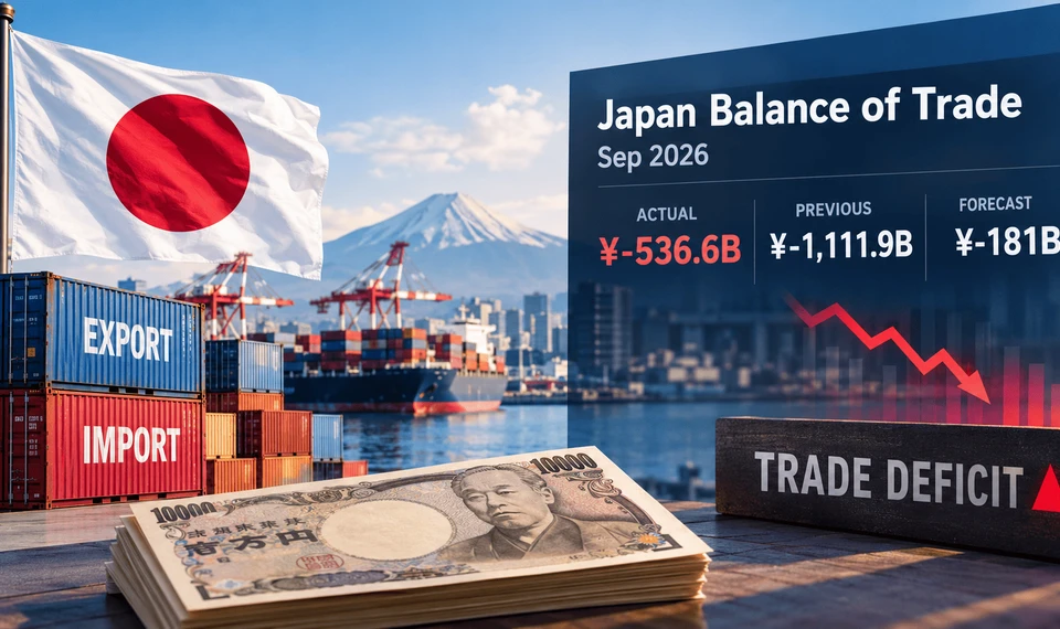 Japan's trade deficit in September 2026, featuring Japanese exports, imports, yen currency and trade balance figures.