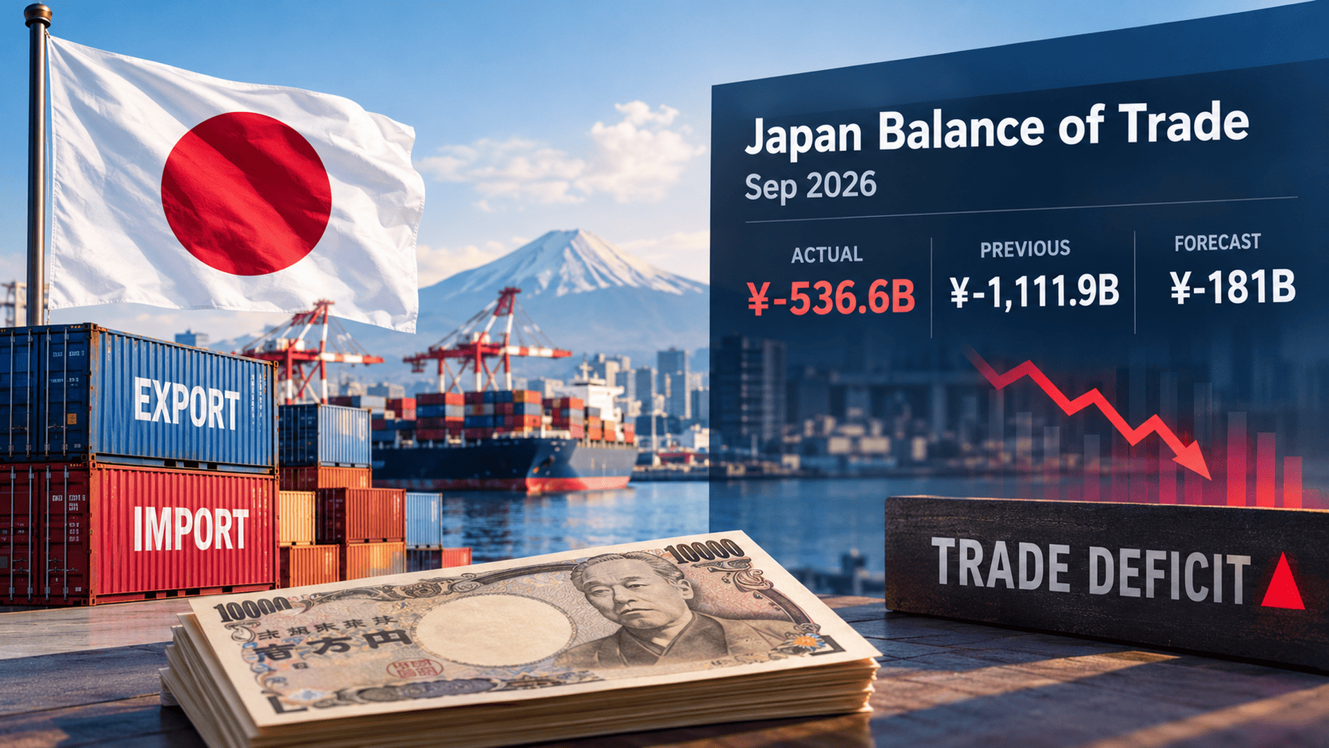 Japan's trade deficit in September 2026, featuring Japanese exports, imports, yen currency and trade balance figures.