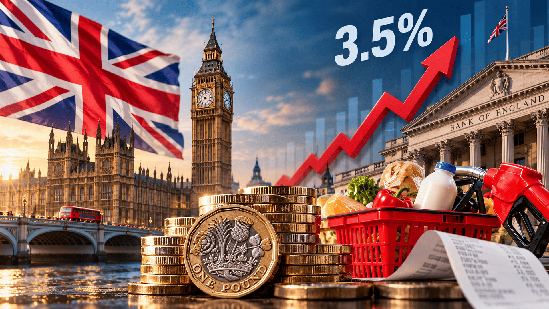 UK inflation rises to 3.5% in September 2026, illustrated by the Bank of England, British pound coins, London landmarks, groceries and fuel prices.