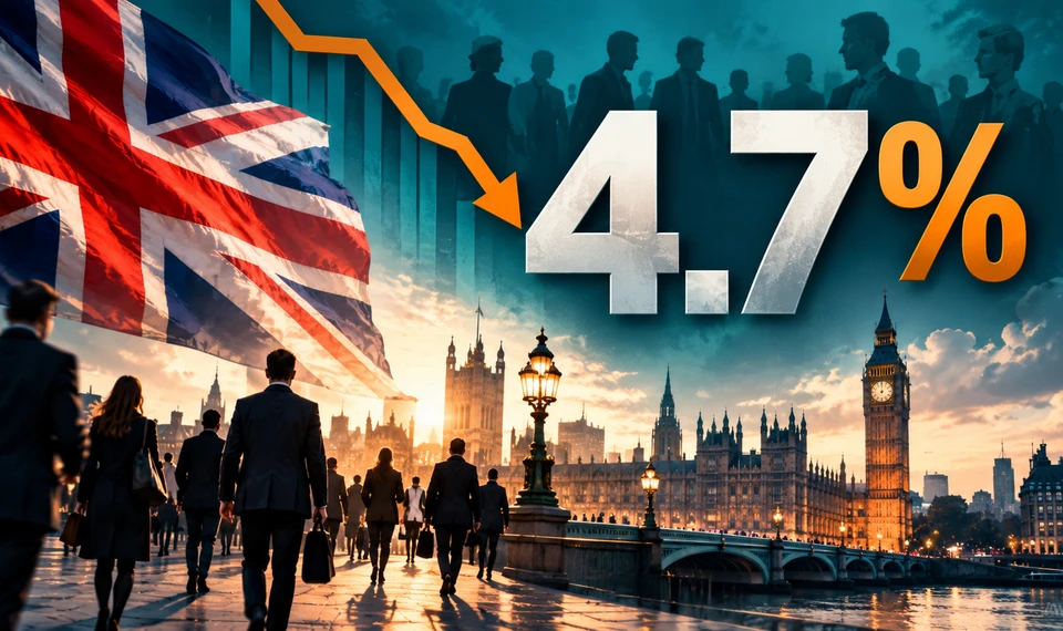 UK unemployment rate falls to 4.7% in August 2026, illustrated with the British flag, London skyline and a downward economic indicator.