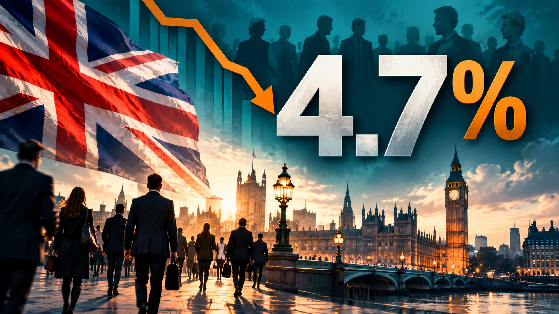 UK unemployment rate falls to 4.7% in August 2026, illustrated with the British flag, London skyline and a downward economic indicator.