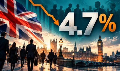انخفاض معدل البطالة البريطانية إلى 4.7% خلال أغسطس 2026، مع العلم البريطاني ومعالم لندن ورمز يعكس تراجع البطالة.